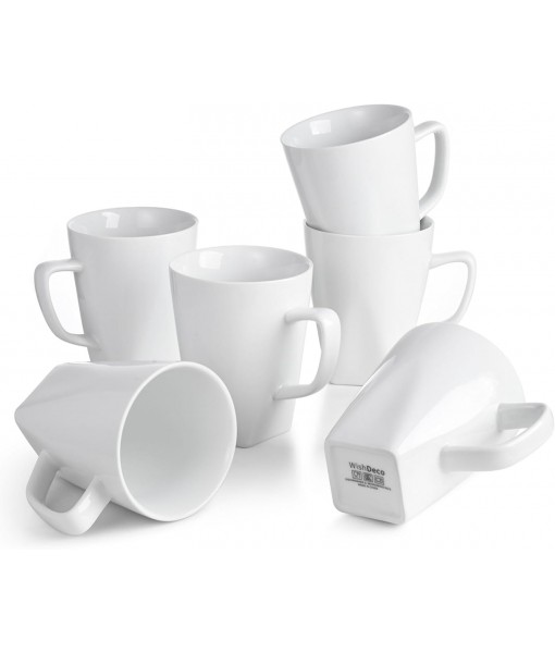 Set of 6 Coffee Cups, White Ceramic Mugs 400ml, with Handle