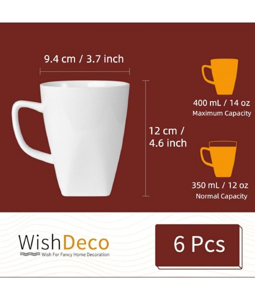 Set of 6 Coffee Cups, White Ceramic Mugs 400ml, with Handle