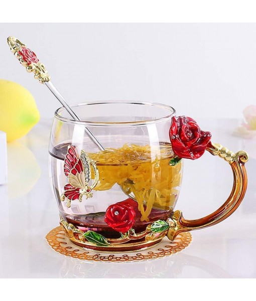 evecase Tasse Papillons Rose Fleurs Avec Cuillère,Cadeau Femme/Maman/N