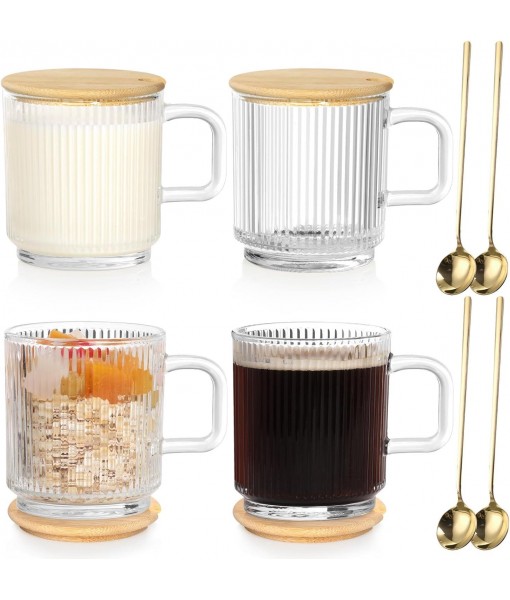 Anhow 4pcs Tasse a Cafe, 350ml Tasse à Café Expresso Verre Strié avec