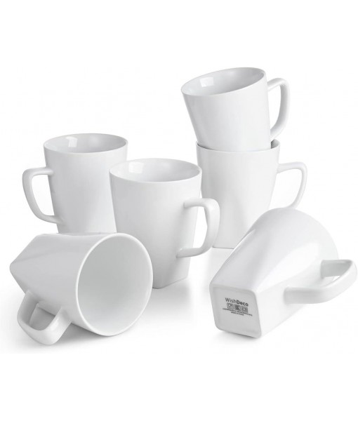 WishDeco Lot de 6 Tasses à Café, Mugs Blancs en Céramique 400ml, Tasse