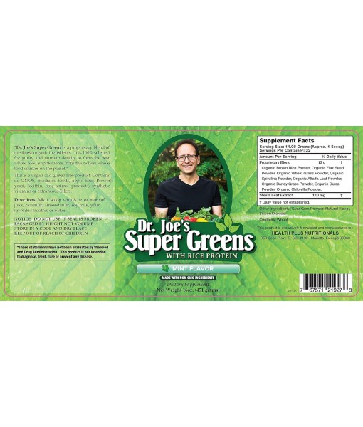 Dr. Joe's Super Greens - Mint Flavor - Vegan, Green, Superfood Powder with Rice Protein