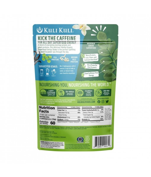 Kuli Kuli Organic Moringa Greens Smoothie Mix - Plant-Based Superfood Protein Smoothie Mix, Vanilla, 7.6 Ounce Pouch, Vegan and Gluten-Free with 8g Pea Protein and 1 Cup Greens Per Serving