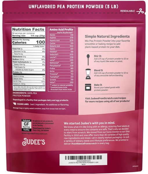 Judee’s Unflavored Pea Protein Powder (80% Protein) 3 lb - 100% Non-GMO, Keto-Friendly, Vegan - Dairy-Free, Soy-Free, Gluten-Free and Nut-Free - Easily Dissolve in Liquids