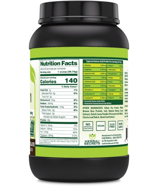 Herbal Secrets Plant Protein 2 Lb Powder | 28 Grams Protein per Serving | 6.1 Grams BCAA | Vegan Supplement | 23 Servings | Made in USA (2 Lb, Chocolate)