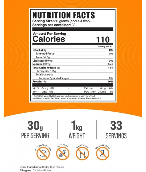 BulkSupplements.com Barley Rice Protein Powder - Vegan Protein Powder, Unflavored Protein Powder - Dairy Free Protein Source, 30g per Serving, 1kg (2.2 lbs) (Pack of 1)