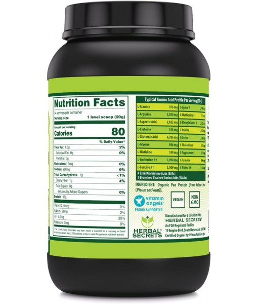 Herbal Secrets Organic Pea Protein Powder | 2 Lbs. | 17 Grams Protein Per Serving | 4.2 Grams BCAA Supplement | Non-GMO | Gluten Free | Made in USA