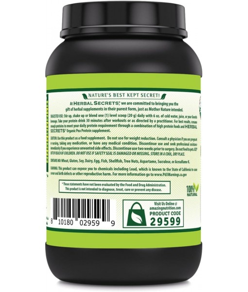 Herbal Secrets Organic Pea Protein Powder | 2 Lbs. | 17 Grams Protein Per Serving | 4.2 Grams BCAA Supplement | Non-GMO | Gluten Free | Made in USA