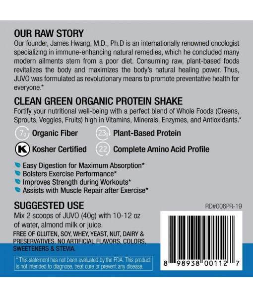 Juvo Raw Green Protein Organic, Vegan, Gluten Free, Non-GMO, Kosher, No Stevia, 23g of Protein, Complete Amino Acid Profile, 16.9 Ounce