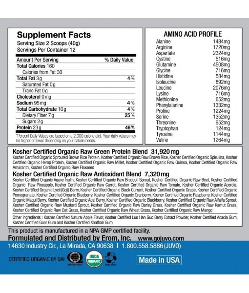 Juvo Raw Green Protein Organic, Vegan, Gluten Free, Non-GMO, Kosher, No Stevia, 23g of Protein, Complete Amino Acid Profile, 16.9 Ounce