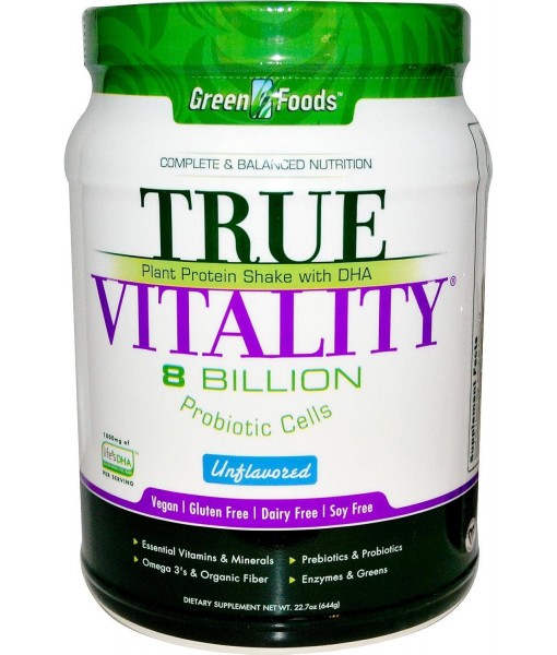 True Vitality Plant Protein Shake with DHA-Unflavored Green Foods 22.7 oz Powder