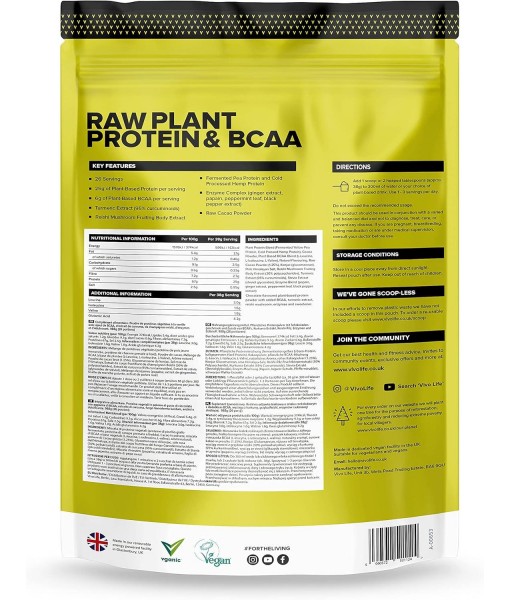 VIVO Life Perform Vegan Protein Powder, Raw Cacao Flavor - BCAA Pea & Hemp Blend Plant-Based Protein Shake (2.17 Pound (Pack of 1))