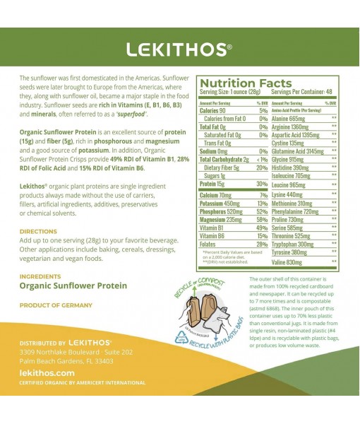 Organic Sunflower Seed Protein Powder - 3 lb - 15g Protein - Single Ingredient, Certified USDA Organic, Non-GMO Project Verified, No Added Sugars - Certified Vegan - Gluten Free