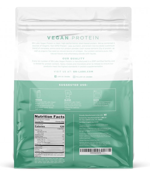BN Labs Organic Vegan Protein Powder - Plant Based Protein Powder Blend with Pea Protein and Added Organic Omega's - Raw, Non Dairy, Gluten & Soy Free, Non GMO (Vanilla, 30 Serving)