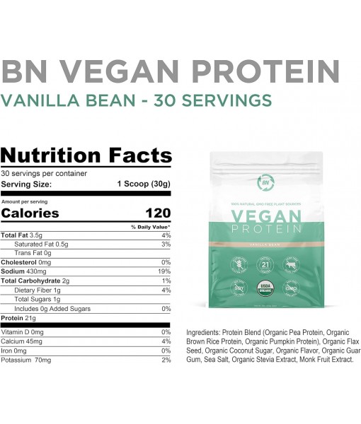 BN Labs Organic Vegan Protein Powder - Plant Based Protein Powder Blend with Pea Protein and Added Organic Omega's - Raw, Non Dairy, Gluten & Soy Free, Non GMO (Vanilla, 30 Serving)
