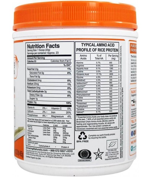 Organic Rice Protein Vanilla Power, 16.8 oz