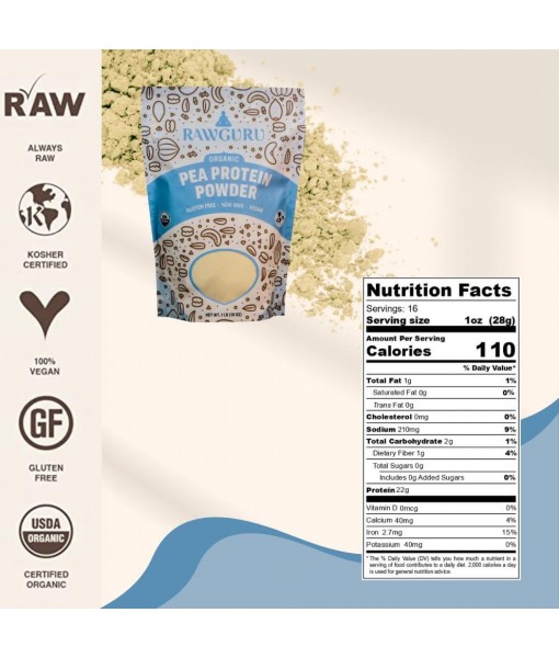RawGuru Organic Pea Protein Powder - 16 oz - USDA Organic | Gluten Free | Non-GMO | Vegan | Plant Protein Powder