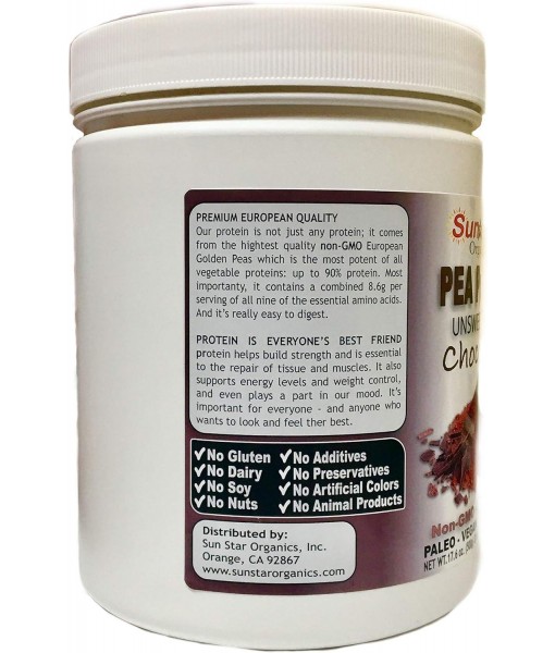 Pea Protein Powder - Unsweetened - Chocolate with Cocoa Powder & Vanilla Bean - Soy Free, Non-GMO 17.6 oz
