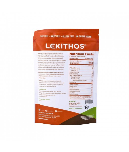 Lekithos Organic Pumpkin Seed Protein - 8 oz - 17g Protein - Certified USDA Organic, Non-GMO Project Verified, No Added Sugars - Promotes Muscle Recovery - Certified Vegan - Gluten Free