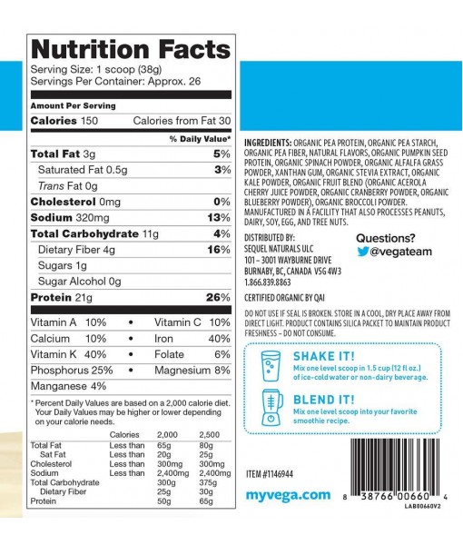 Vega Organic Protein and Greens Powder, Vanilla, 26 Servings, 2.2 Pounds, Packaging May Vary