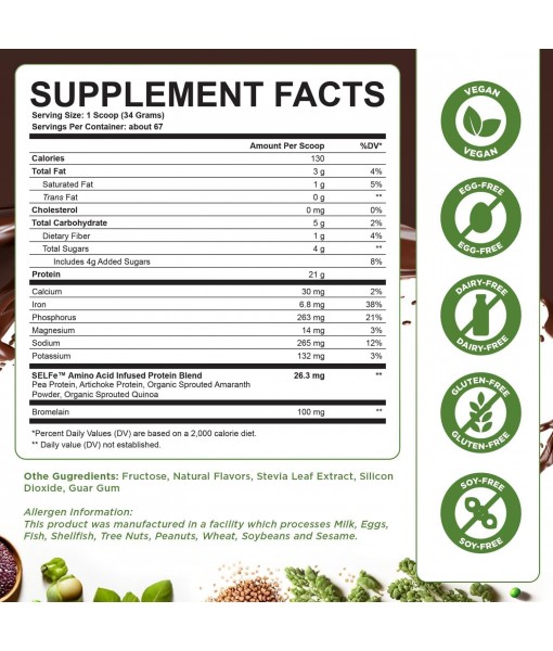 Fusion Four Vegan Protein Powder - 21g Plant-Based Protein Powder - Gluten Free, Dairy Free and Soy-Free, Pea Protein with BCAA's - Chocolate Flavored - 5lbs