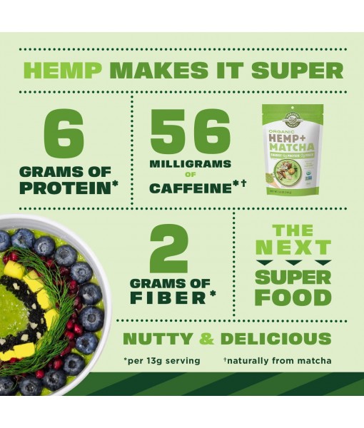 Manitoba Harvest Organic Hemp & Matcha Powder, 5.5 oz – Energy, 6g of Protein, 2g of Fiber per Serving – Matcha Protein Powder - Vegan, Non-GMO Project Verified - 56g of Caffeine - Packaging May Vary