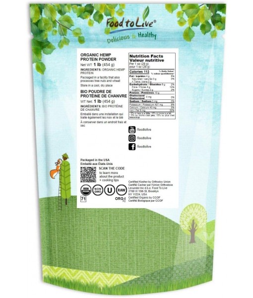 Food to Live Organic Hemp Protein Powder, 1 Pound — 50% Protein, Non-GMO, Non-Irradiated, Pure, Kosher, Vegan Superfood, Rich in Iron and Fiber