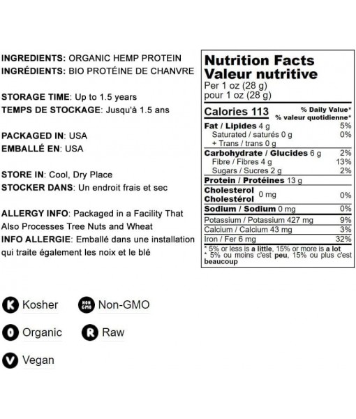Food to Live Organic Hemp Protein Powder, 1 Pound — 50% Protein, Non-GMO, Non-Irradiated, Pure, Kosher, Vegan Superfood, Rich in Iron and Fiber