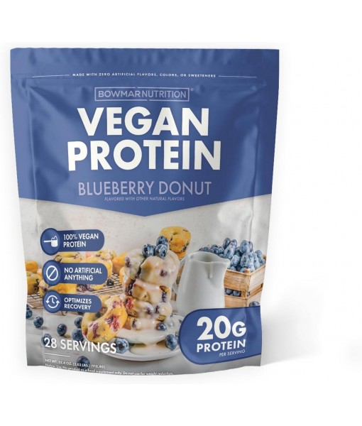 BOWMAR NUTRITION Vegan Protein, Vegan Gluten Free Protein Powder, 20-22g of Protein, Low Fat, Delicious Tasting. Pea, Pumpkin Seed, Watermelon Seed, & Sunflower Seed Protein (Blueberry Donut)