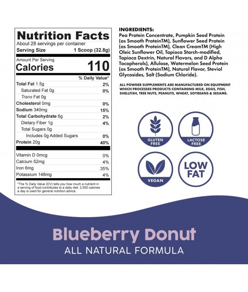 BOWMAR NUTRITION Vegan Protein, Vegan Gluten Free Protein Powder, 20-22g of Protein, Low Fat, Delicious Tasting. Pea, Pumpkin Seed, Watermelon Seed, & Sunflower Seed Protein (Blueberry Donut)