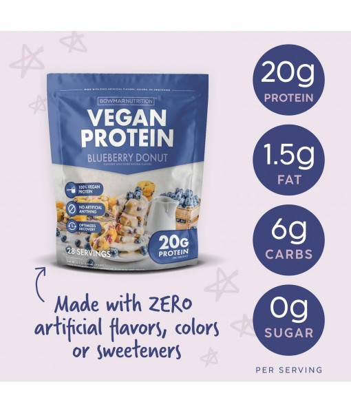 BOWMAR NUTRITION Vegan Protein, Vegan Gluten Free Protein Powder, 20-22g of Protein, Low Fat, Delicious Tasting. Pea, Pumpkin Seed, Watermelon Seed, & Sunflower Seed Protein (Blueberry Donut)