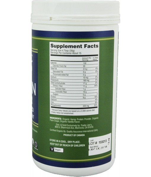 Trader Joe's 16 Oz. Organic Hemp Protein Powder Dietary Supplement (Vanilla)