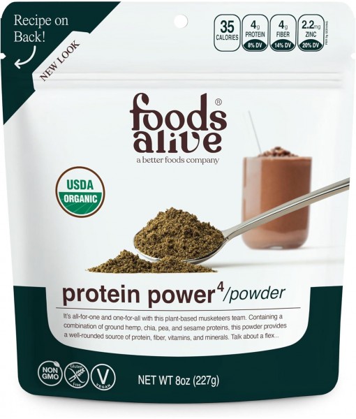 Foods Alive Organic Protein Blend, Power 4 Smoothie Booster 8oz - Blend of 4 Plant-Based Proteins - Chia, Sesame, Hemp, Pea Protein Powders (Single Pack)