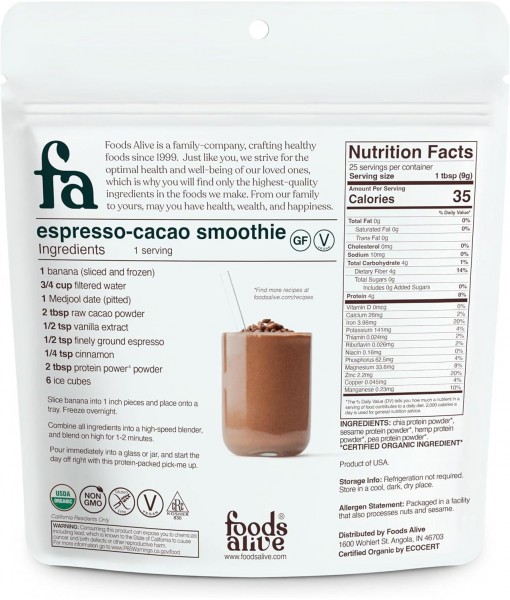 Foods Alive Organic Protein Blend, Power 4 Smoothie Booster 8oz - Blend of 4 Plant-Based Proteins - Chia, Sesame, Hemp, Pea Protein Powders (Single Pack)