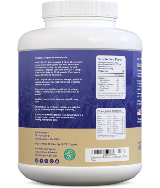 Zen Principle Organic Brown Rice Protein 6 LB. USDA Certified Organic. Unflavored. Non-GMO. Vegan.