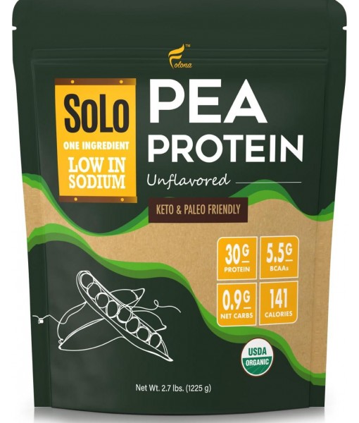 Solo Organic Pea Protein Powder, Low in Sodium, Canada Grown Peas, 100% Vegan, Non-GMO, Unflavored Plant Based Protein Powder with BCAA (2.7 lbs)