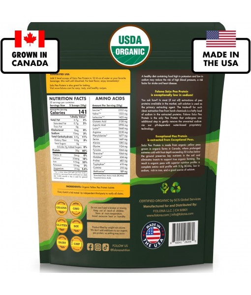 Solo Organic Pea Protein Powder, Low in Sodium, Canada Grown Peas, 100% Vegan, Non-GMO, Unflavored Plant Based Protein Powder with BCAA (2.7 lbs)