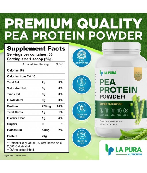 LaPura 100% Vegan Pea Protein Powder - 1.65LB, Unflavored Plant-Based Protein Powder with 20g Protein, Easy to Digest, Gluten Free, Non-GMO, No Additives for Optimal Nutrition