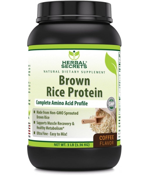 Herbal Secrets Brown Rice Protein Supplement | 3 Lb Powder | 12 Grams Protein per Serving | Vegan | Made in USA (3 Lb, Coffee)