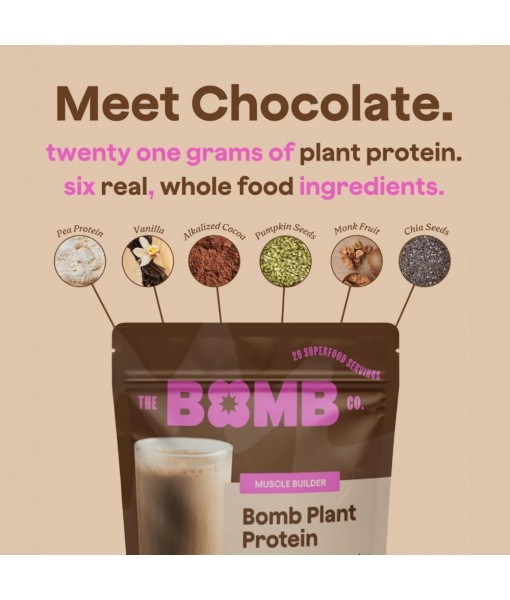 The Bomb Co. Bomb Plant Protein, Protein Powder with 21g Protein, Amino Acids, Zero Sugar, Pea Protein, Cocoa, Chia Seeds, Pumpkin Seeds, Vanilla & Monk Fruit, Gluten Free, Chocolate Flavor, 20 Srvgs