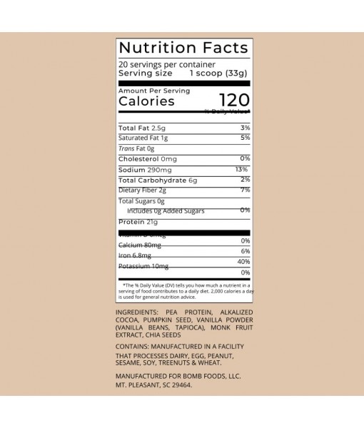 The Bomb Co. Bomb Plant Protein, Protein Powder with 21g Protein, Amino Acids, Zero Sugar, Pea Protein, Cocoa, Chia Seeds, Pumpkin Seeds, Vanilla & Monk Fruit, Gluten Free, Chocolate Flavor, 20 Srvgs