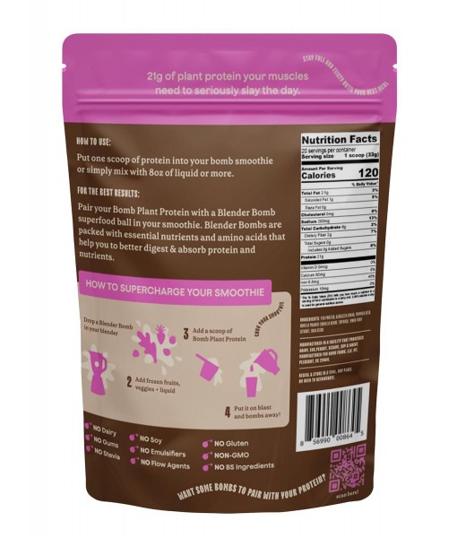 The Bomb Co. Bomb Plant Protein, Protein Powder with 21g Protein, Amino Acids, Zero Sugar, Pea Protein, Cocoa, Chia Seeds, Pumpkin Seeds, Vanilla & Monk Fruit, Gluten Free, Chocolate Flavor, 20 Srvgs