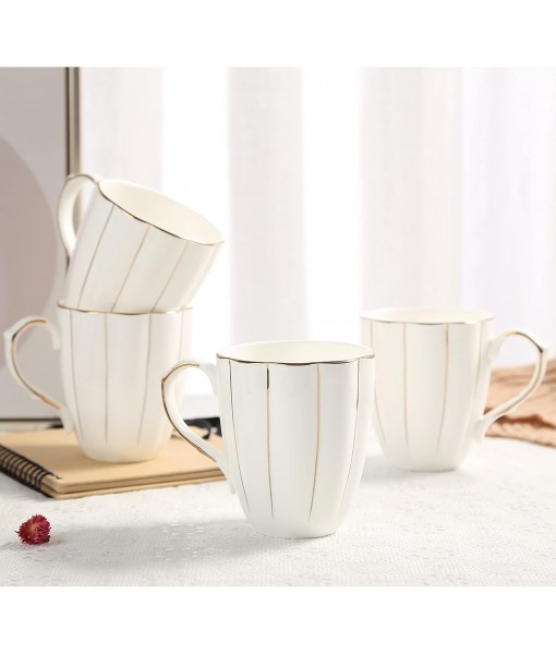 DUJUST Set of 4 Coffee Mugs (400ml), Luxury British Design with Handcrafted Gold Rims, First Class White and Gold Porcelain Cup Set for Coffee, Tea