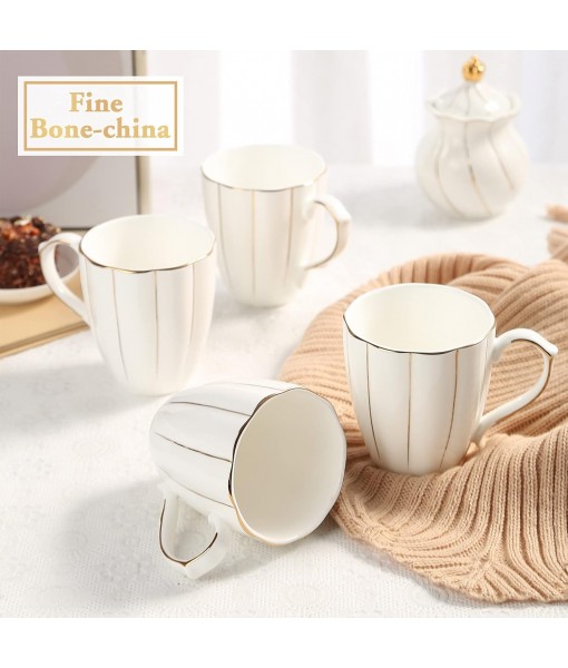 DUJUST Set of 4 Coffee Mugs (400ml), Luxury British Design with Handcrafted Gold Rims, First Class White and Gold Porcelain Cup Set for Coffee, Tea