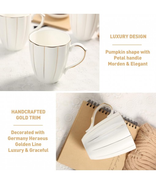DUJUST Set of 4 Coffee Mugs (400ml), Luxury British Design with Handcrafted Gold Rims, First Class White and Gold Porcelain Cup Set for Coffee, Tea