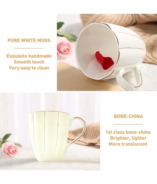 DUJUST Set of 4 Coffee Mugs (400ml), Luxury British Design with Handcrafted Gold Rims, First Class White and Gold Porcelain Cup Set for Coffee, Tea