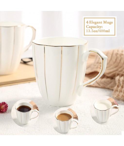 DUJUST Set of 4 Coffee Mugs (400ml), Luxury British Design with Handcrafted Gold Rims, First Class White and Gold Porcelain Cup Set for Coffee, Tea