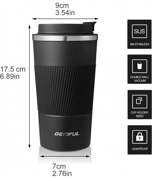 GEMFUL Insulated Coffee Mug Travel Mug for Hot and Cold Coffee Milk and Tea 510ml