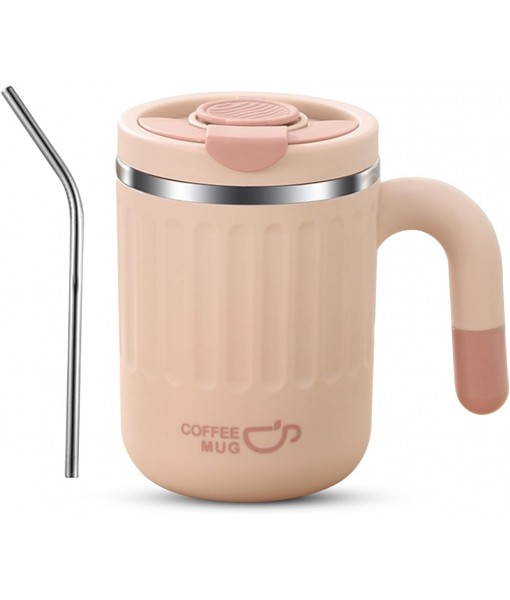 Kytpyi Insulated Mug, Coffee Insulated Mug, 480ml Leakproof Insulated Mug with Straw Lid for Coffee Drinks, Anti-scald Stainless Steel Insulated Cup for Home Office Travel (Pink)
