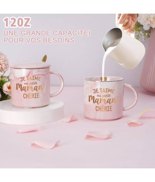 Joymaking Mom Gift, Mother's Day Gift Birthday Gift Marbled Ceramic Mug, 350ml Pink Mug Coffee Cup with Lid and Spoon Engraved Mommy Dearest Gift for Mom,Woman